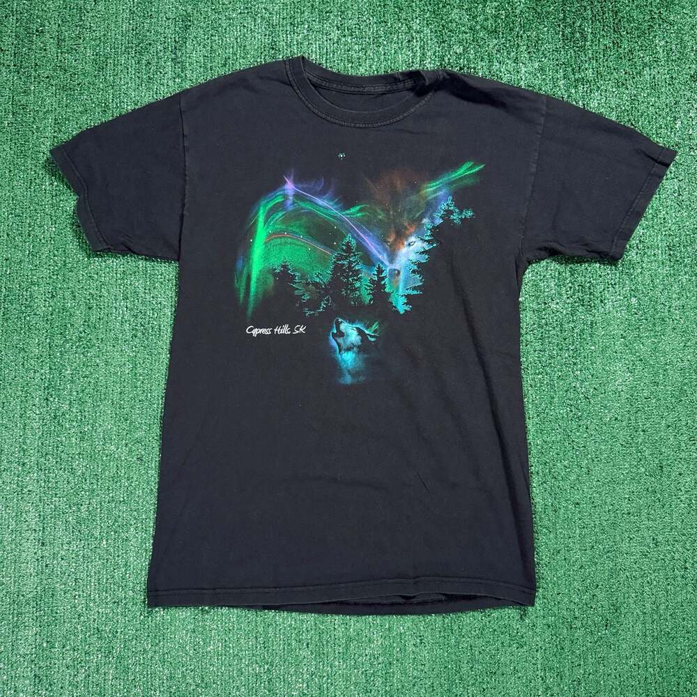 Adult Nature Cypress Hills, SK Wolf and Aurora Light Show T-Shirt Small